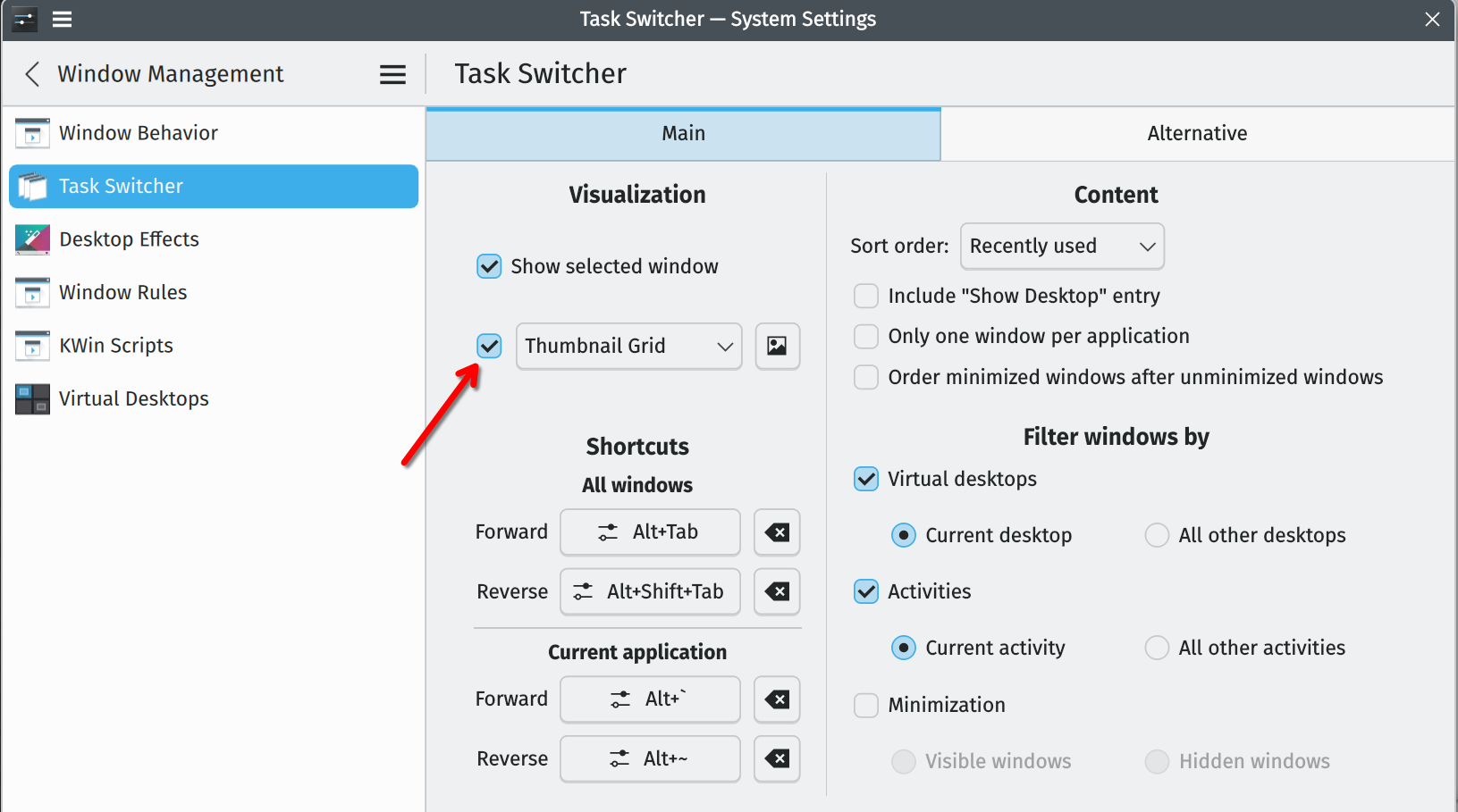 System Settings → Window Management → Task Switcher → the second checkbox, next to the dropdown for selecting the visualization
