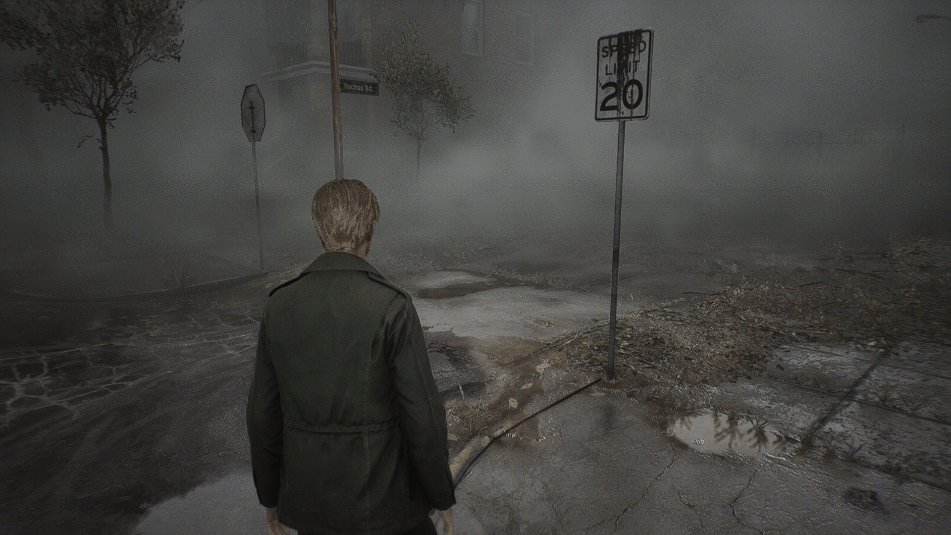 A lone figure in a dark green coat standing on a foggy, desolate street corner near a speed limit sign, with eerie, dim lighting.