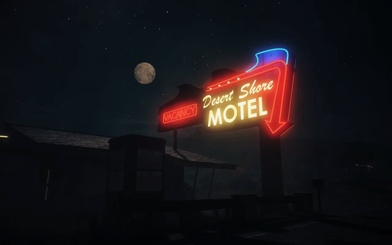 Neon sign reading "Desert Shore MOTEL" with a glowing red arrow and a "VACANCY" indicator, set against a dark, starry night sky with a full moon.