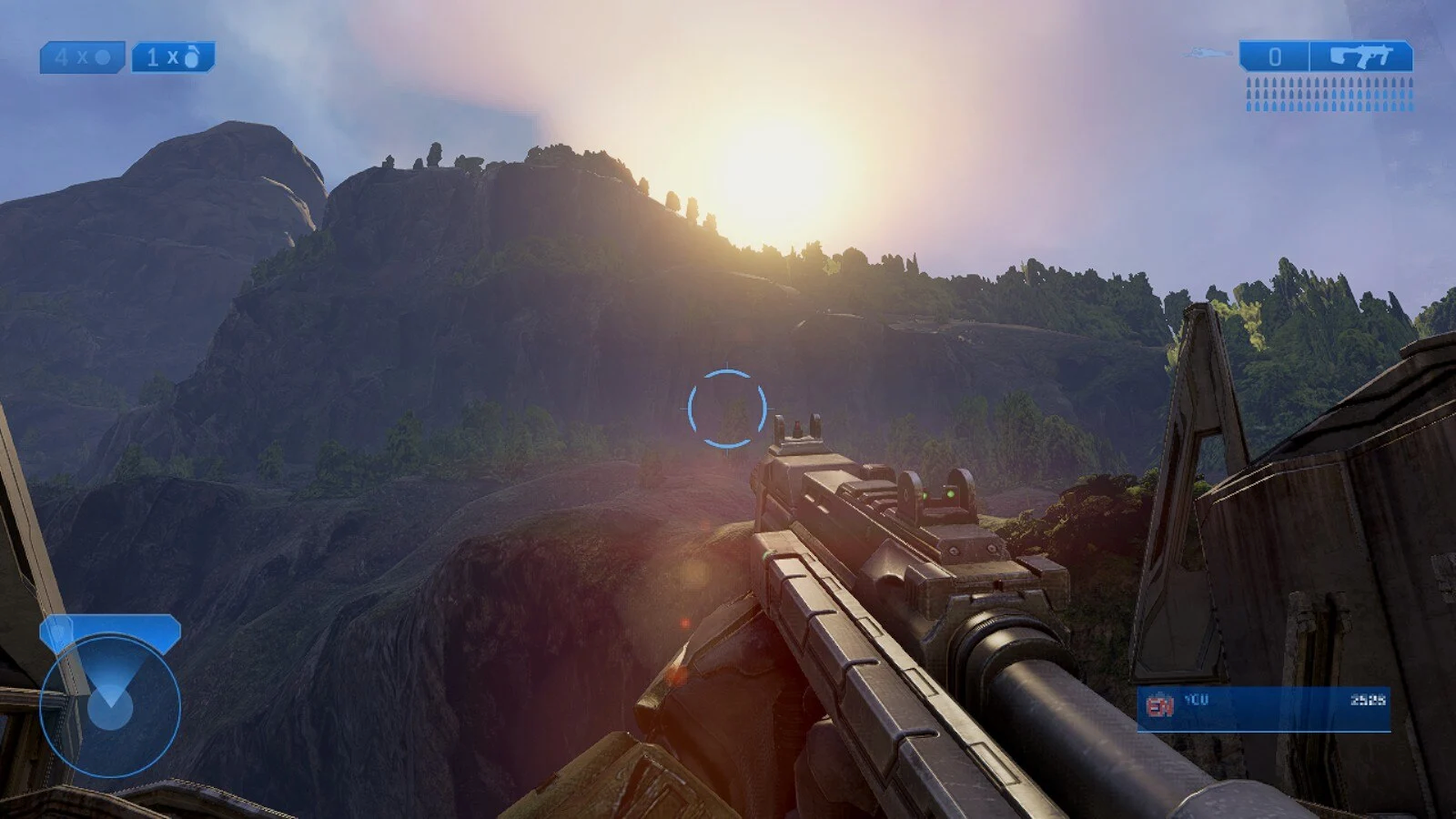 A futuristic first-person shooter game scene featuring a gun aimed toward a sunlit mountain range with lush greenery.