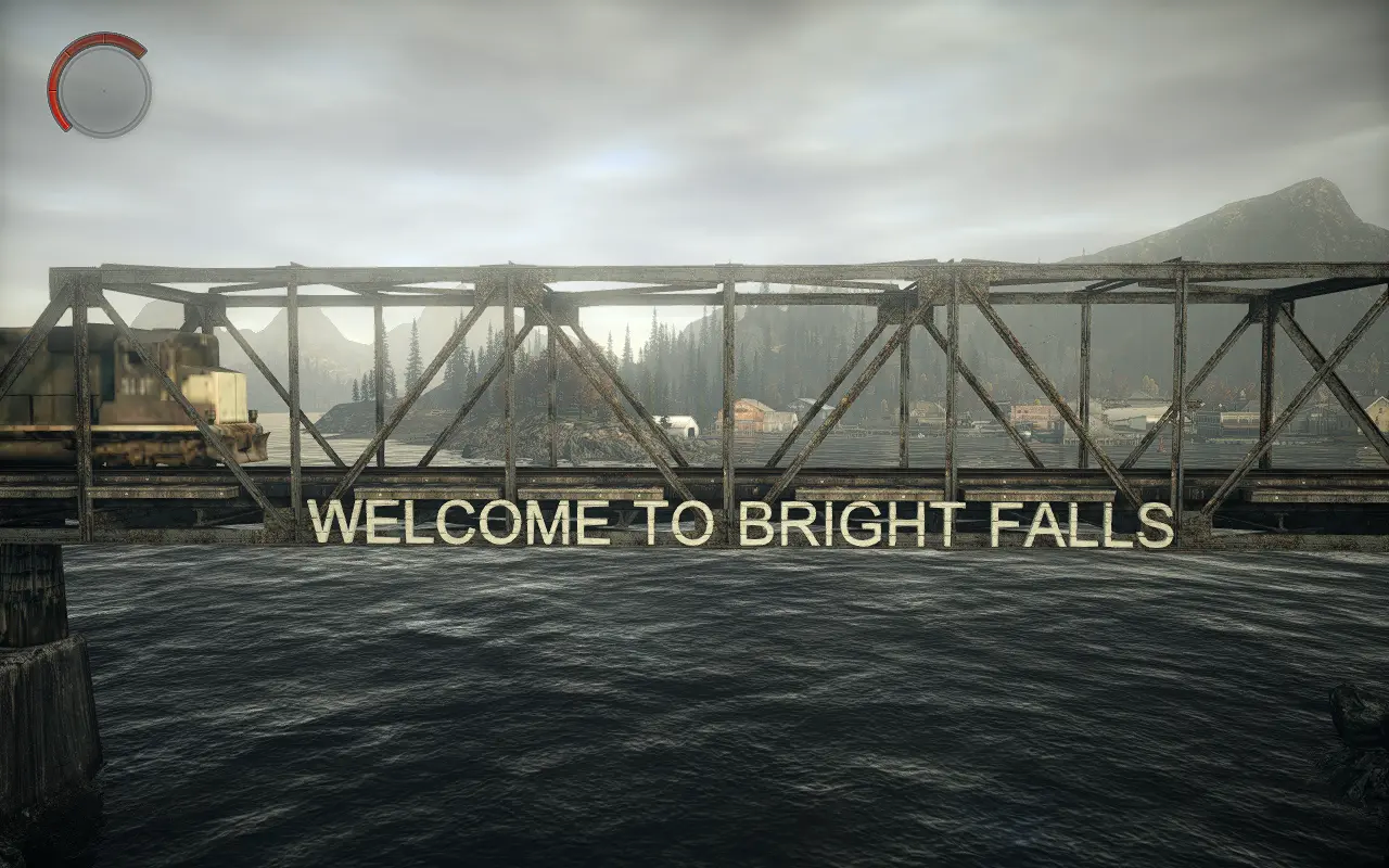 A weathered steel bridge spans over dark, rippling water with a train crossing it. Large, bold letters on the bridge read, "WELCOME TO BRIGHT FALLS," with a misty, forested town and mountains in the background.