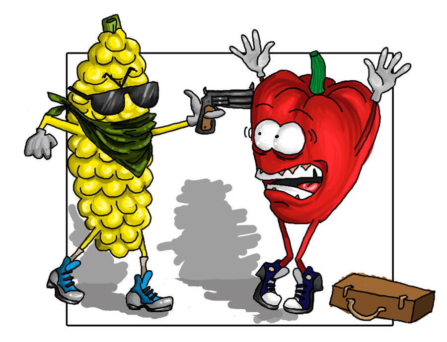 A corn thug from the CROPS pointing a gun at an apple