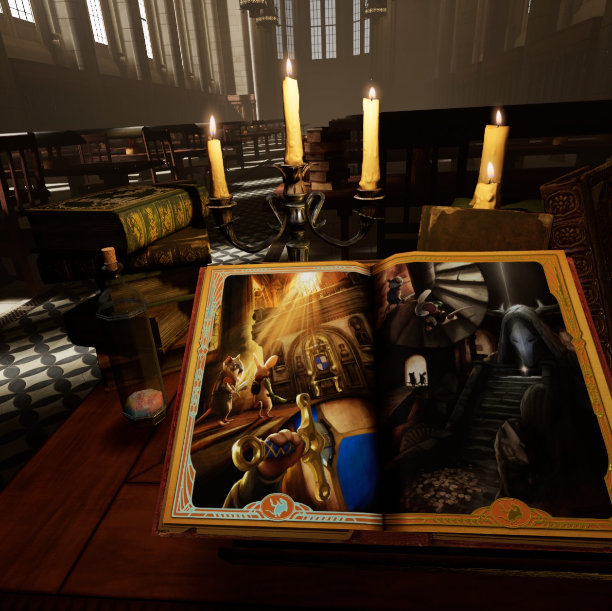 Inside a large reading hall, I'm sitting at a desk piled with books. Under candlelight, I'm reading the second book of Moss.