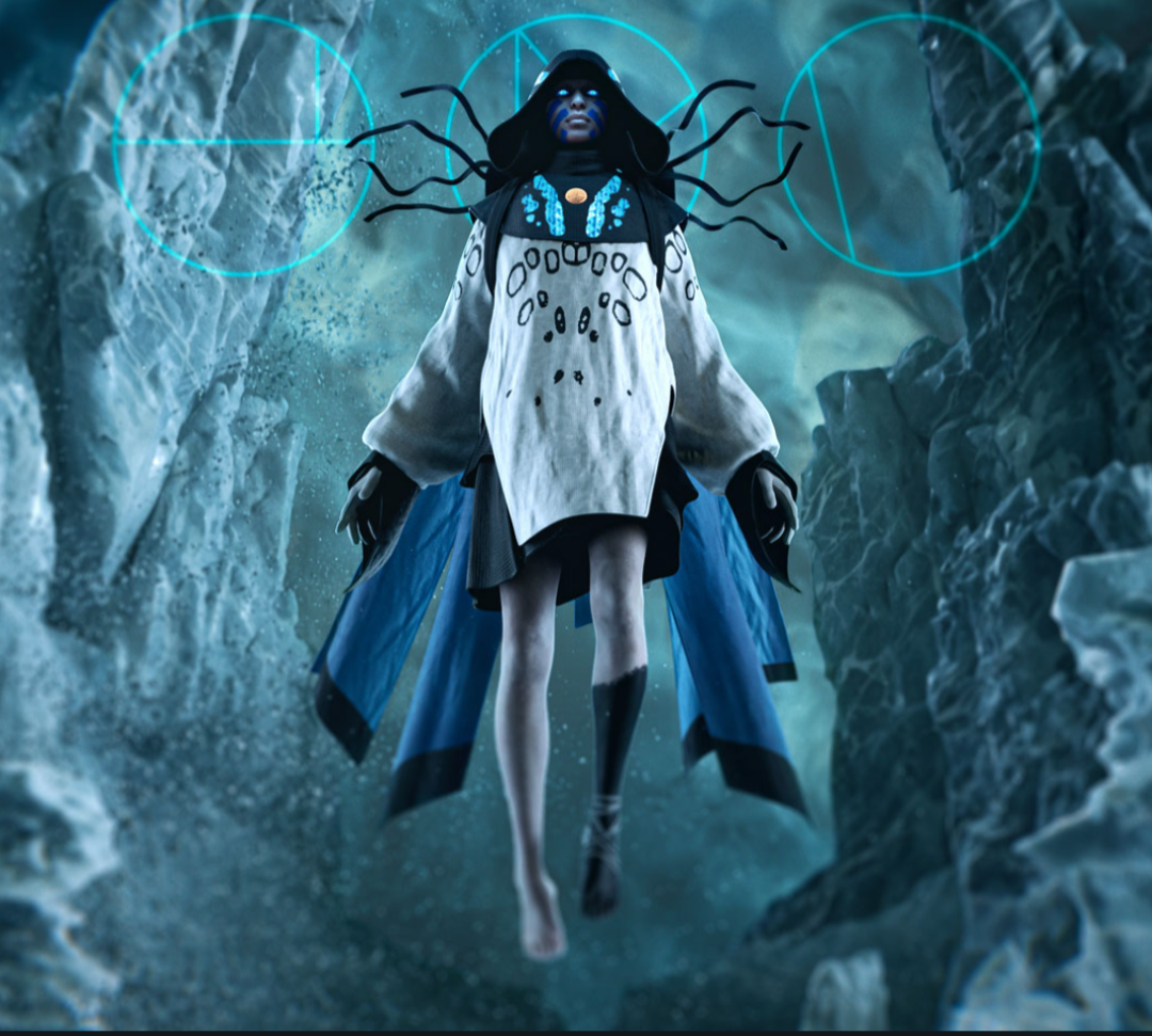 The Emissary levitates in front of an icy cavern. Three Rite of the Nine symbols watermark the top of the scene