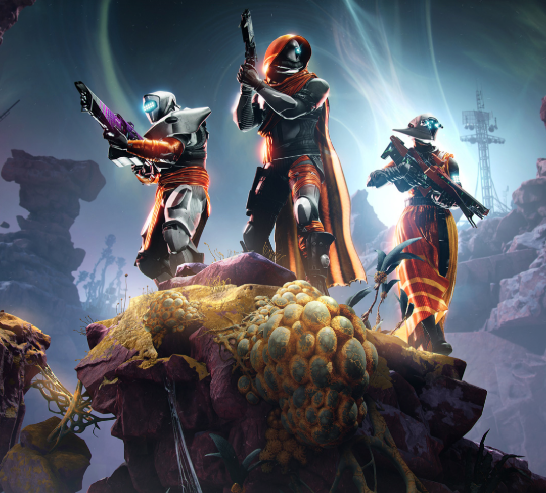 Three guardians stand atop an alien earthen mound, in front of a background of mesas and a structure akin to a radio tower.